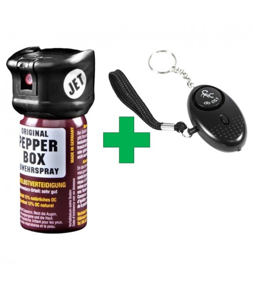 Spray au poivre Pepper-Box (Jet fin/40 ml) avec clapet de sécurité + Alarme personnelle offerte !